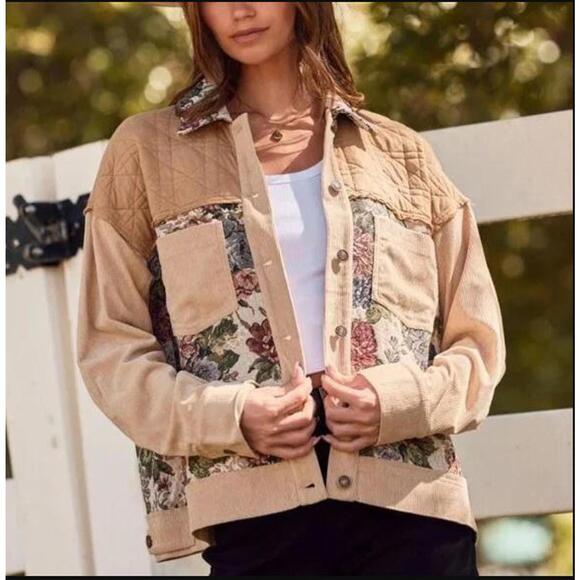 #2252 Oddi NWT Beige Floral Colorblock Corduroy Patchwork Jacket Coat Size 1X - Picture 5 of 5